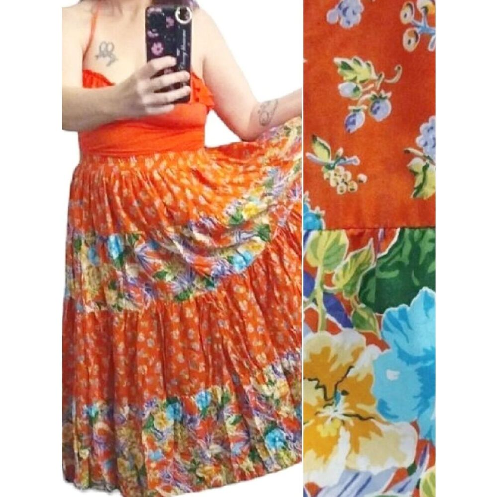 VTG 80s Orange Mixed Floral Tiered Gypsy Maxi Skirt XL Cottagecore Made In USA